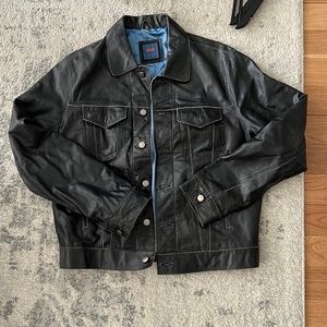Vintage black leather trucker jacket